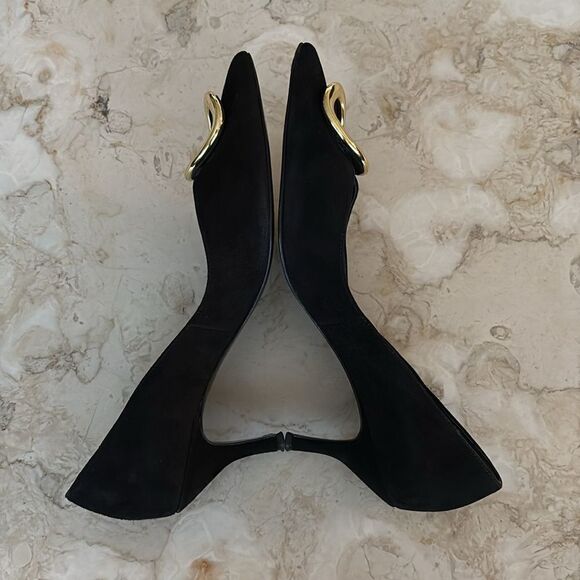 Hogl Suede Leather Kitten Heels Gold Tone Buckle 6-6.5 - Picture 11 of 13